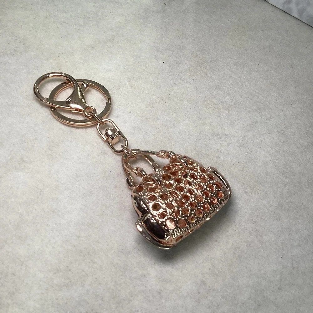 2-Way Black Floral Rhinestone Handbag Charm‎ - Key Chain Rose Gold Tone EUC